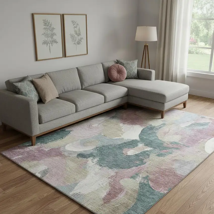 Mauve Beige And Blush Abstract Washable Area Rug With UV Protection Photo 2