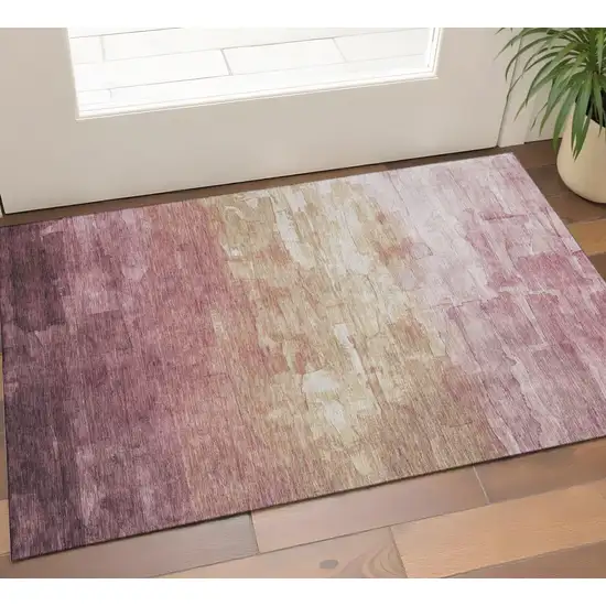 Mauve Beige And Pink Striped Washable Area Rug With UV Protection Photo 1