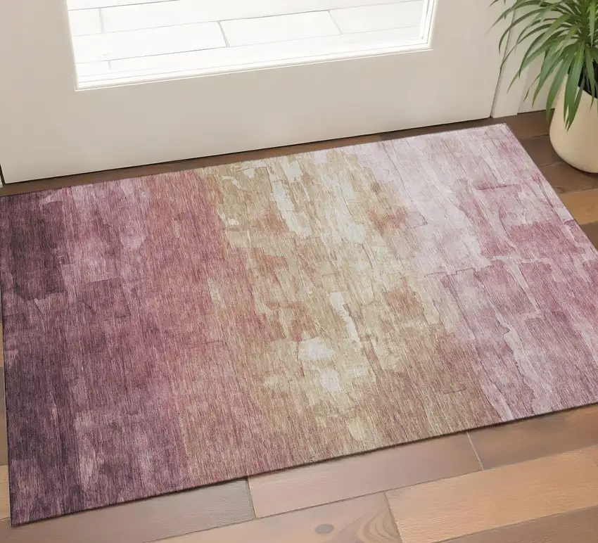 Mauve Beige And Pink Striped Washable Area Rug With UV Protection Photo 1
