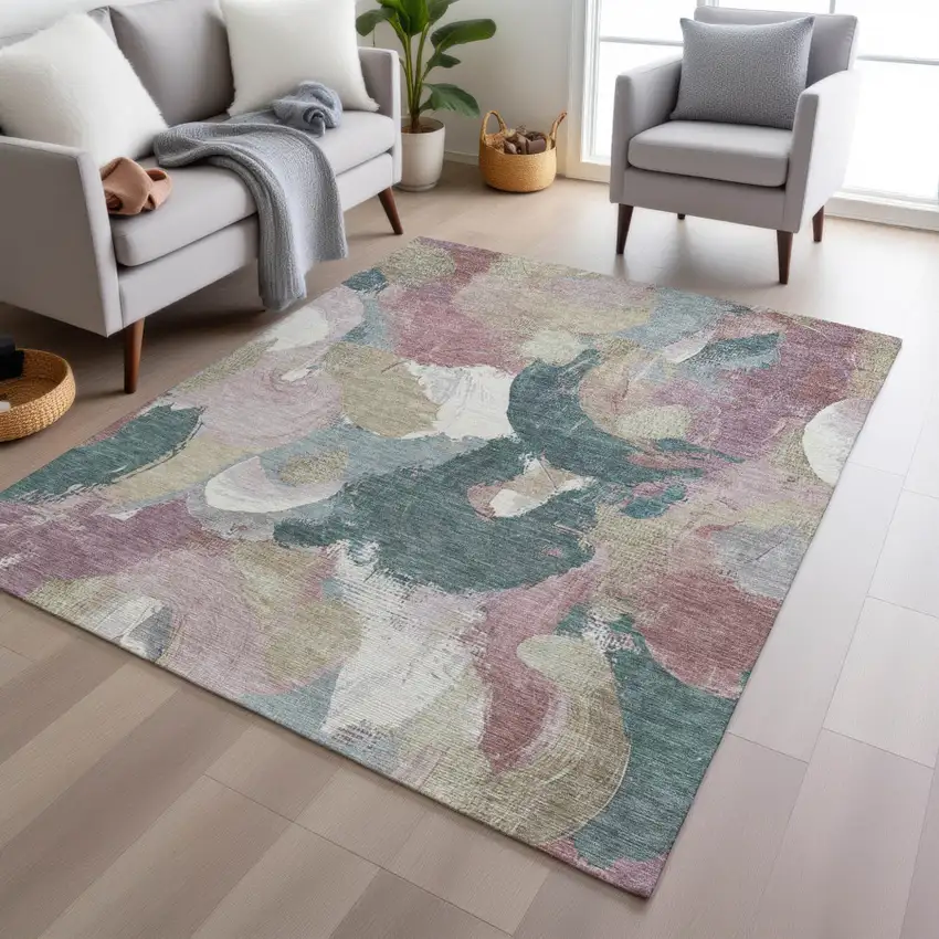 Mauve Beige And Sage Abstract Washable Indoor Outdoor Area Rug Photo 5