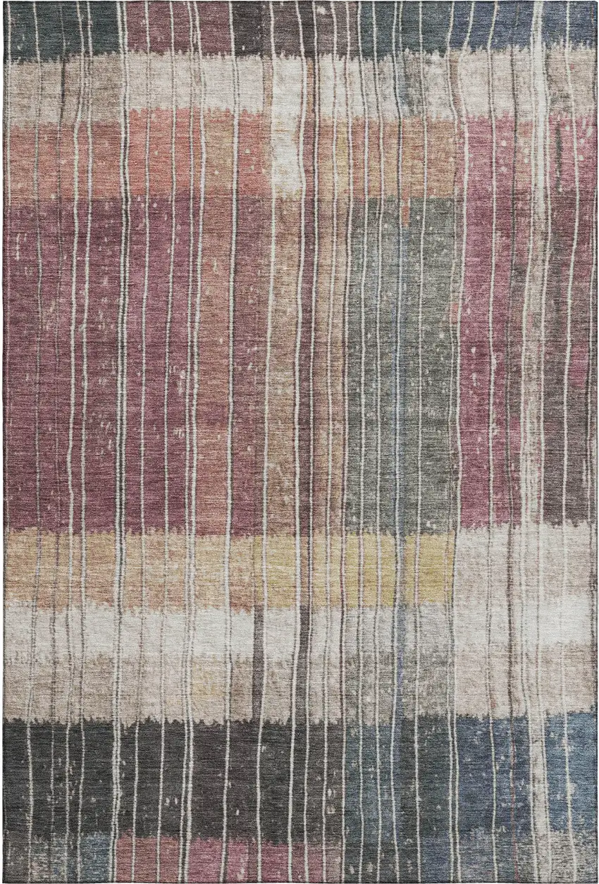 Mauve Blue And Beige Striped Washable Area Rug With UV Protection Photo 7