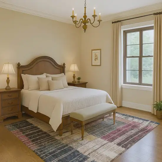 Mauve Blue And Beige Striped Washable Area Rug With UV Protection Photo 6