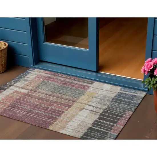 Mauve Blue And Gold Striped Washable Indoor Outdoor Area Rug Photo 2