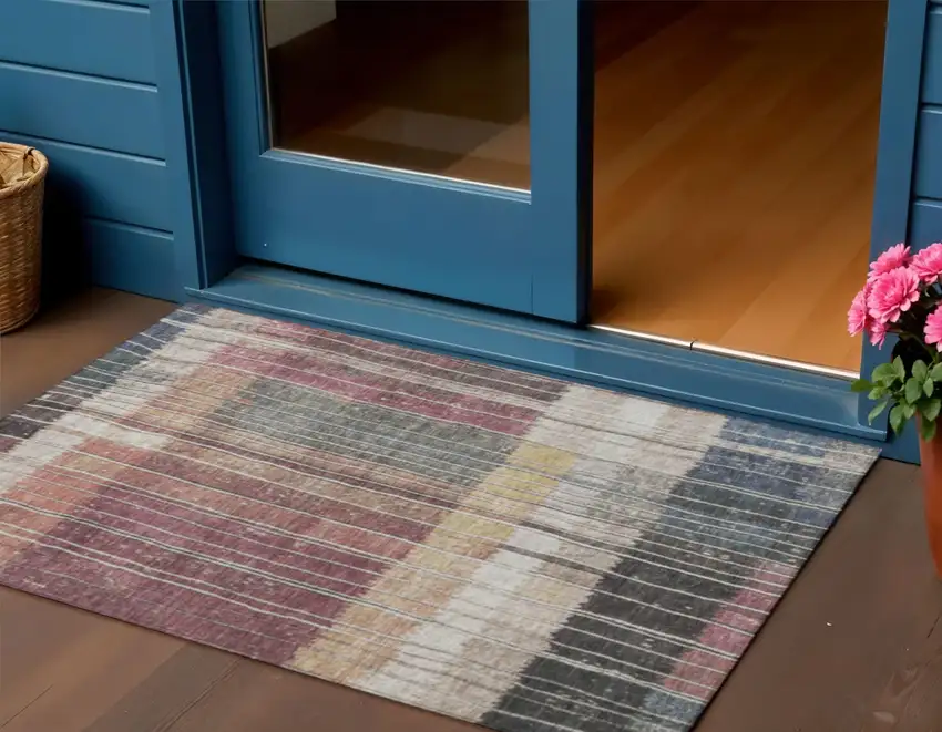 Mauve Blue And Gold Striped Washable Indoor Outdoor Area Rug Photo 2