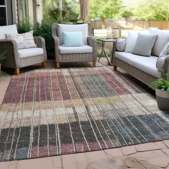 Mauve Blue And Gold Striped Washable Indoor Outdoor Area Rug Photo 3