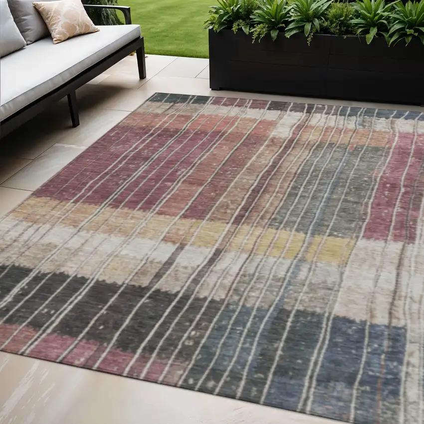 Mauve Blue And Gold Striped Washable Indoor Outdoor Area Rug Photo 2