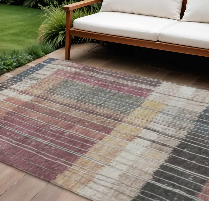 Mauve Blue And Gold Striped Washable Indoor Outdoor Area Rug Photo 2