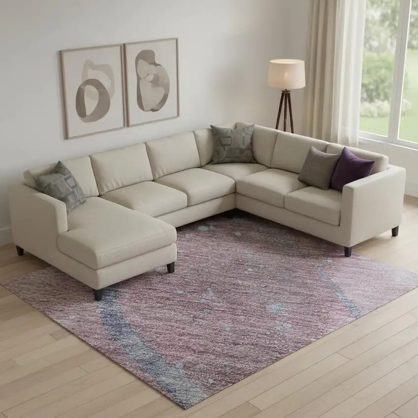 Mauve Blue And Ivory Abstract Washable Area Rug With UV Protection Photo 2