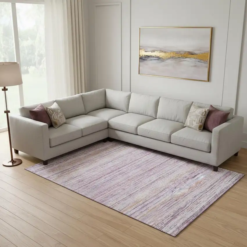 Mauve Lavender And Ivory Striped Washable Area Rug With UV Protection Photo 2