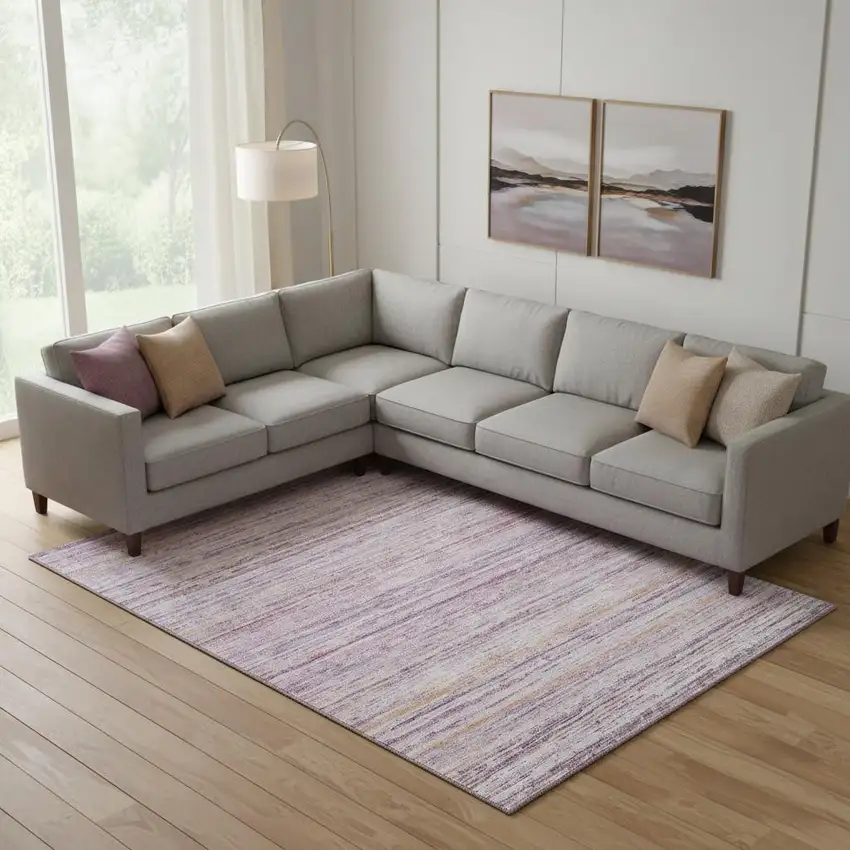 Mauve Lavender And Ivory Striped Washable Area Rug With UV Protection Photo 2