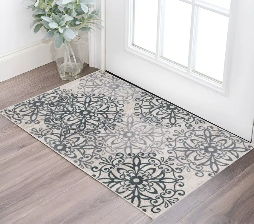 Oatmeal And Gray Medallion Power Loom Stain Resistant Area Rug Photo 1