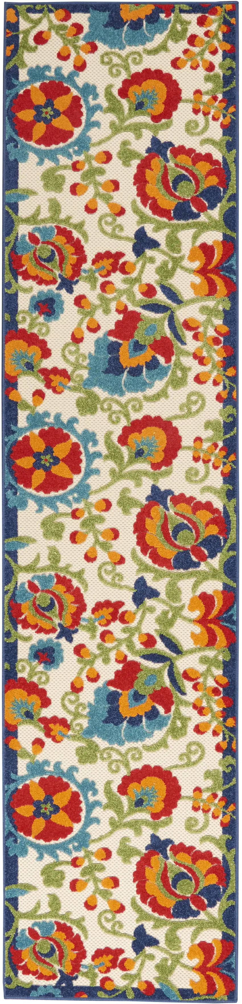 Green And Ivory Floral Indoor Outdoor Runner Rug Photo 1