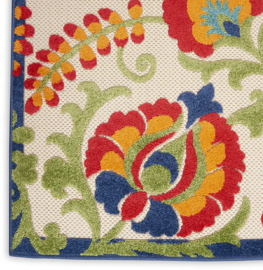 Green And Ivory Floral Indoor Outdoor Runner Rug Photo 4