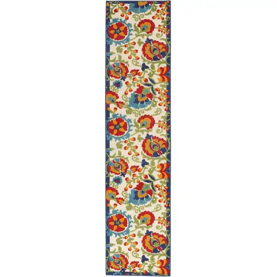 12' Green And Ivory Floral Indoor Outdoor Runner Rug Photo 3