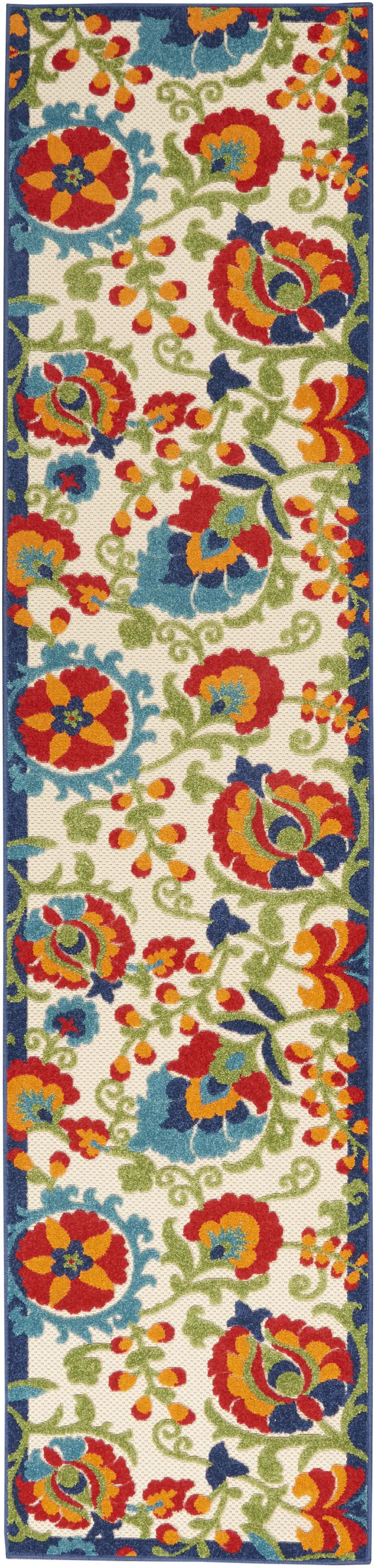 12' Green And Ivory Floral Indoor Outdoor Runner Rug Photo 3