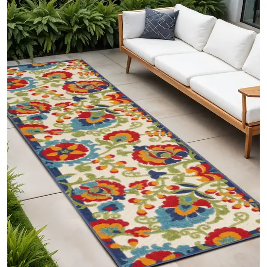 12' Green And Ivory Floral Indoor Outdoor Runner Rug Photo 2
