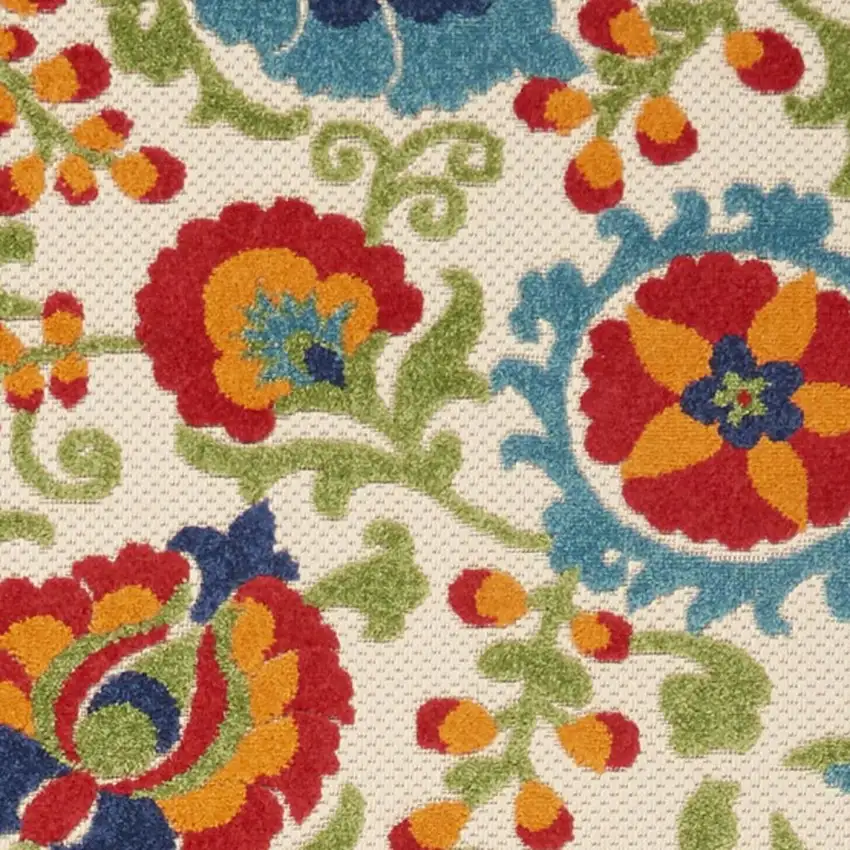 12' Green And Ivory Floral Indoor Outdoor Runner Rug Photo 4