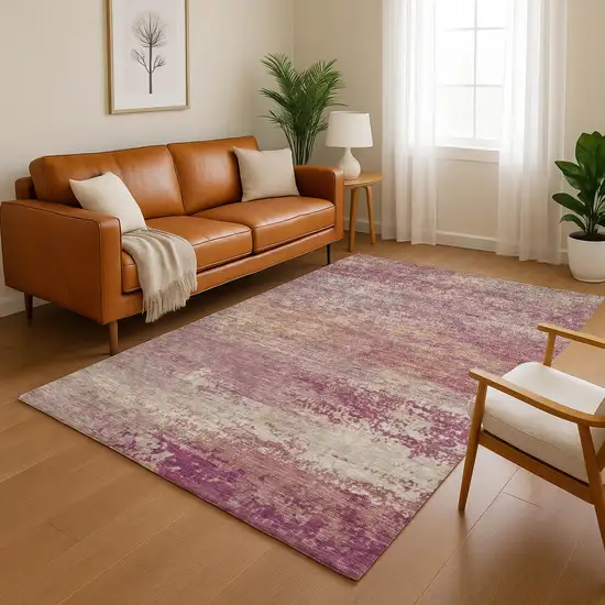 Merlot And Beige Abstract Washable Area Rug With UV Protection Photo 1