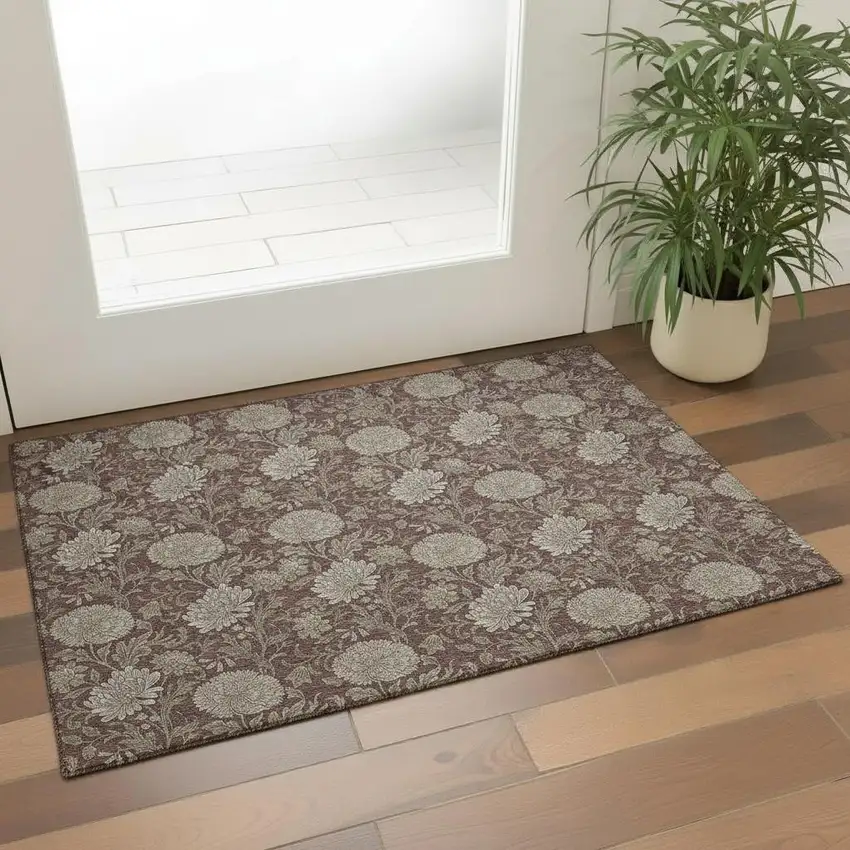 Merlot And Beige Floral Washable Area Rug With UV Protection Photo 1
