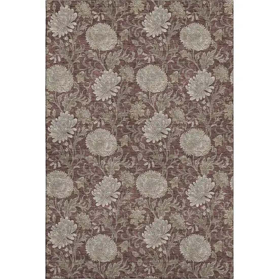Merlot And Beige Floral Washable Area Rug With UV Protection Photo 1