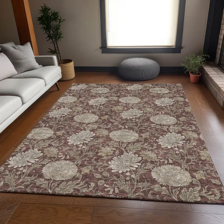 Merlot And Beige Floral Washable Area Rug With UV Protection Photo 4