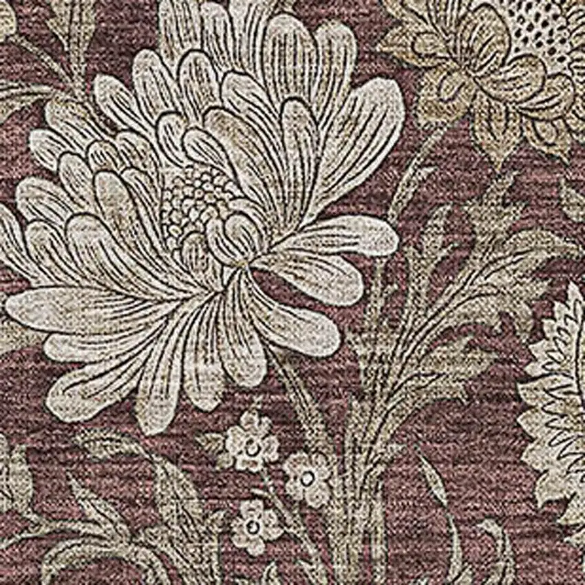 Merlot And Beige Floral Washable Area Rug With UV Protection Photo 3