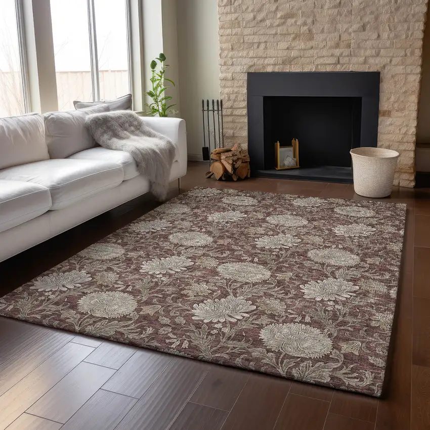 Merlot And Beige Floral Washable Area Rug With UV Protection Photo 5