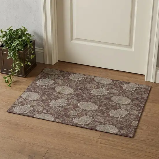 Merlot And Beige Floral Washable Area Rug With UV Protection Photo 1