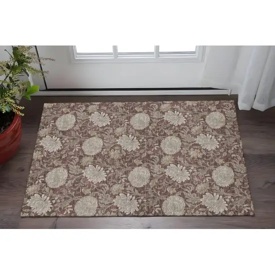 Merlot And Beige Floral Washable Area Rug With UV Protection Photo 2