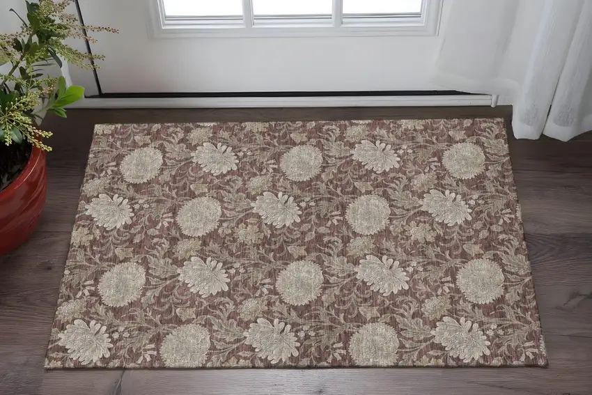 Merlot And Beige Floral Washable Area Rug With UV Protection Photo 2