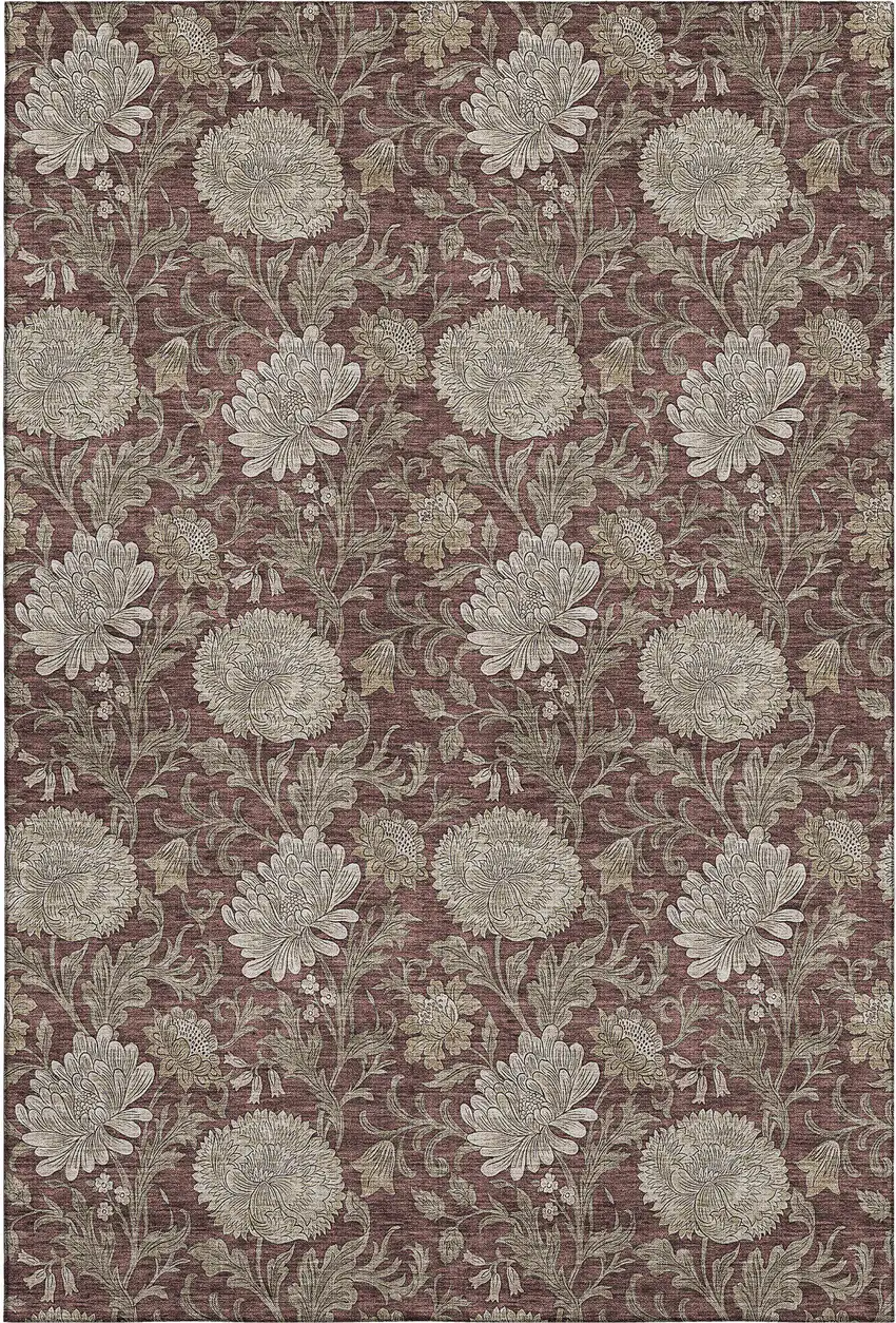 Merlot And Beige Floral Washable Area Rug With UV Protection Photo 2