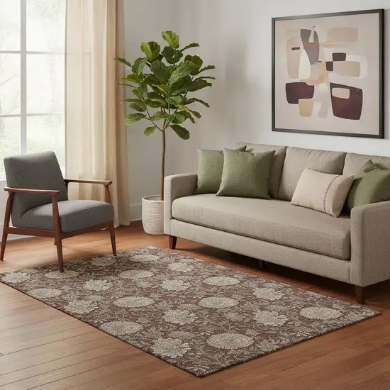 Merlot And Beige Floral Washable Area Rug With UV Protection Photo 1