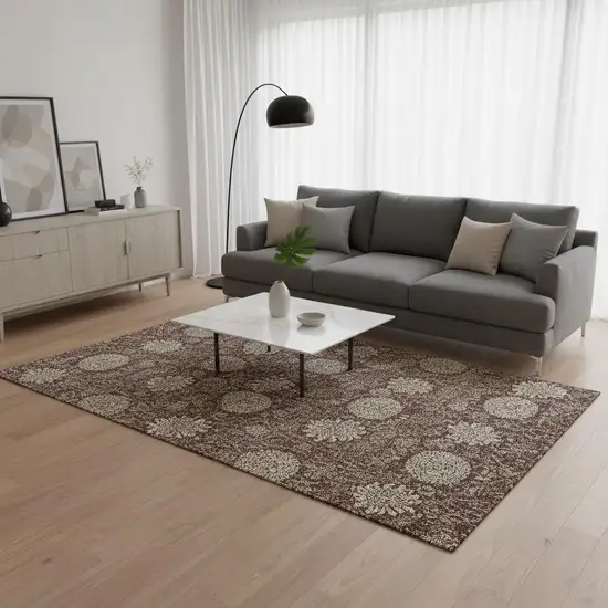 Merlot And Beige Floral Washable Area Rug With UV Protection Photo 1