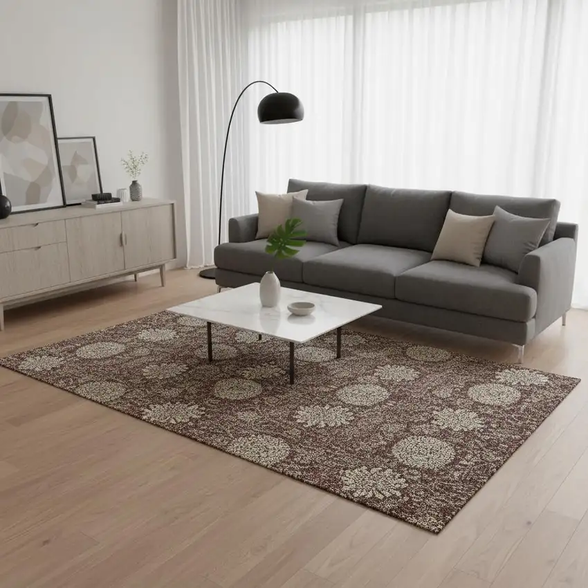 Merlot And Beige Floral Washable Area Rug With UV Protection Photo 1