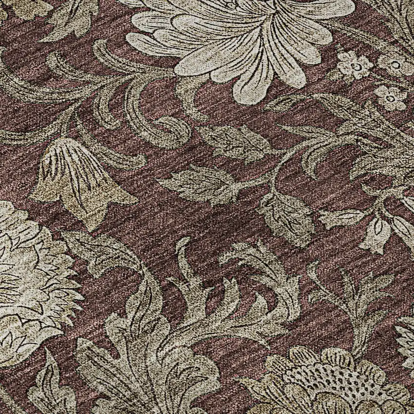 Merlot And Beige Floral Washable Area Rug With UV Protection Photo 9