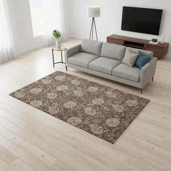 Merlot And Beige Floral Washable Area Rug With UV Protection Photo 3
