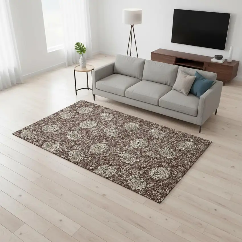 Merlot And Beige Floral Washable Area Rug With UV Protection Photo 3