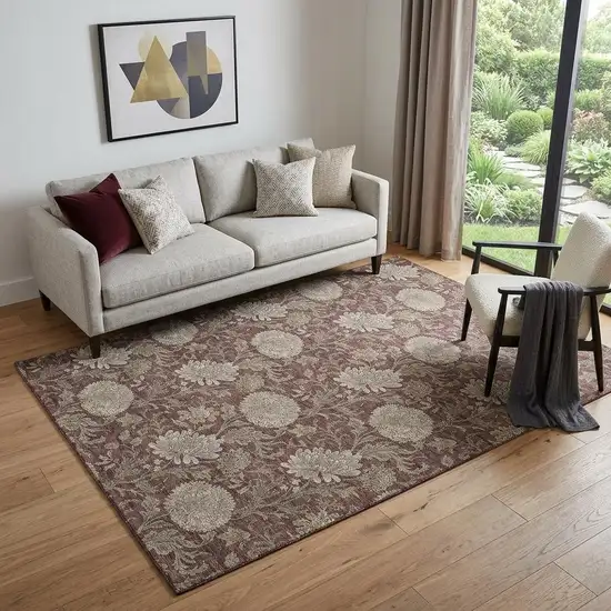 Merlot And Beige Floral Washable Area Rug With UV Protection Photo 1