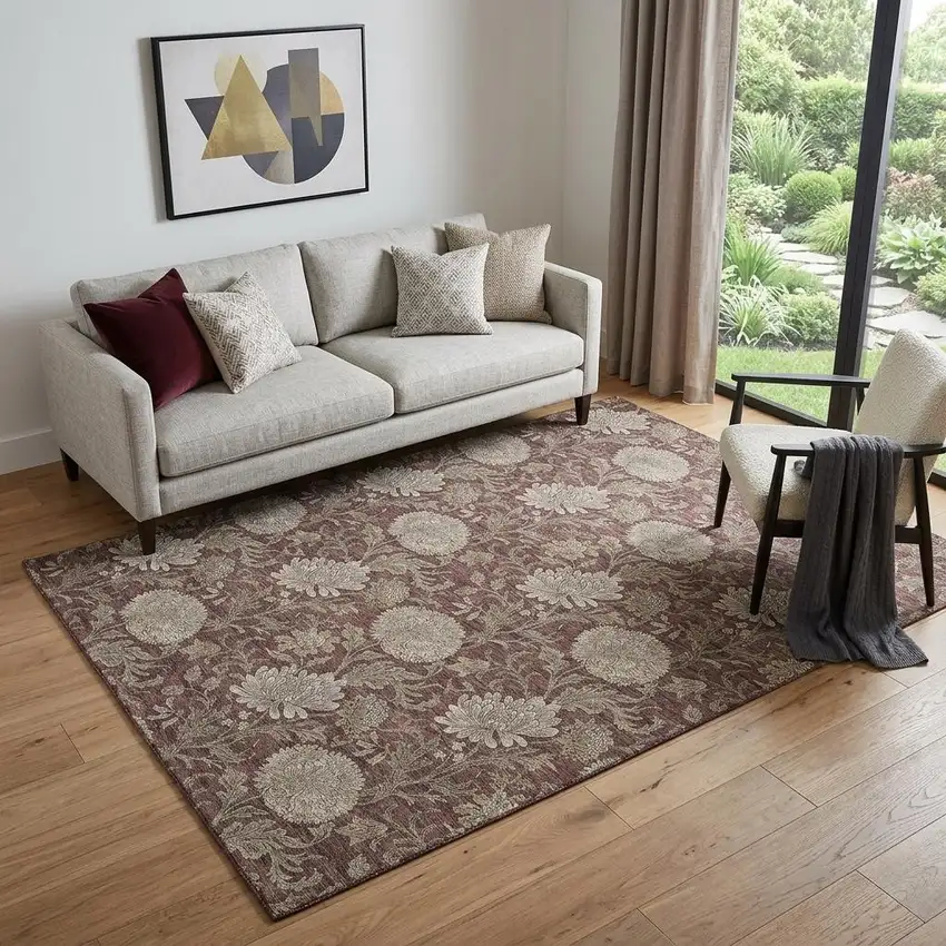Merlot And Beige Floral Washable Area Rug With UV Protection Photo 1