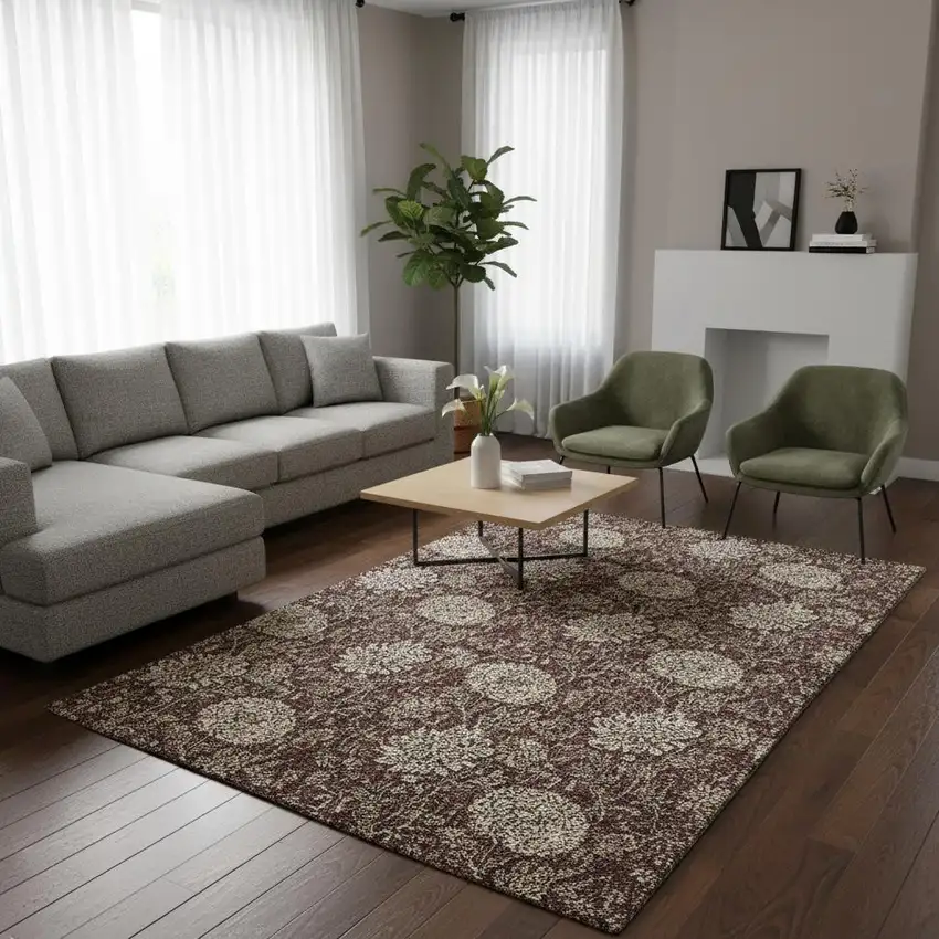 Merlot And Beige Floral Washable Area Rug With UV Protection Photo 2