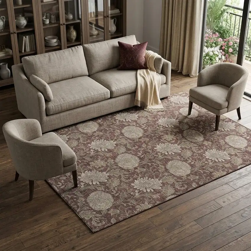 Merlot And Beige Floral Washable Area Rug With UV Protection Photo 1