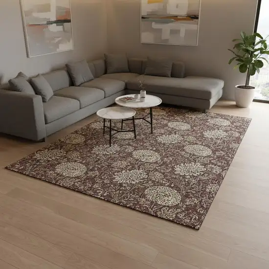 Merlot And Beige Floral Washable Area Rug With UV Protection Photo 3