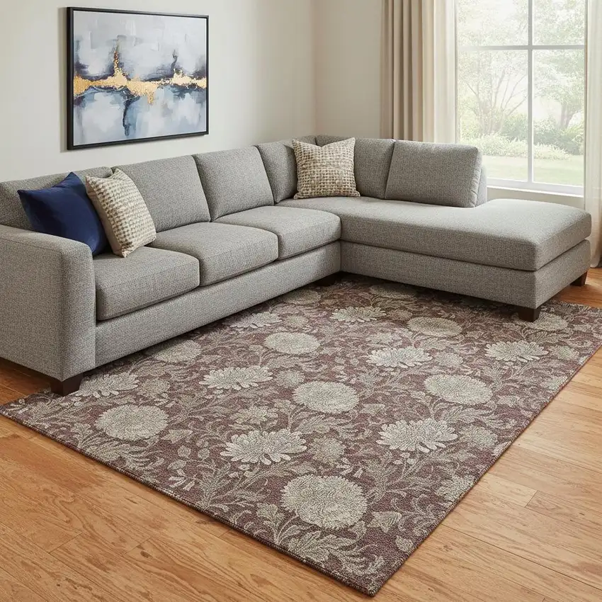 Merlot And Beige Floral Washable Area Rug With UV Protection Photo 1