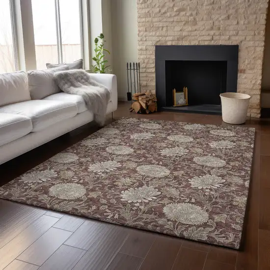 Merlot And Beige Floral Washable Area Rug With UV Protection Photo 4