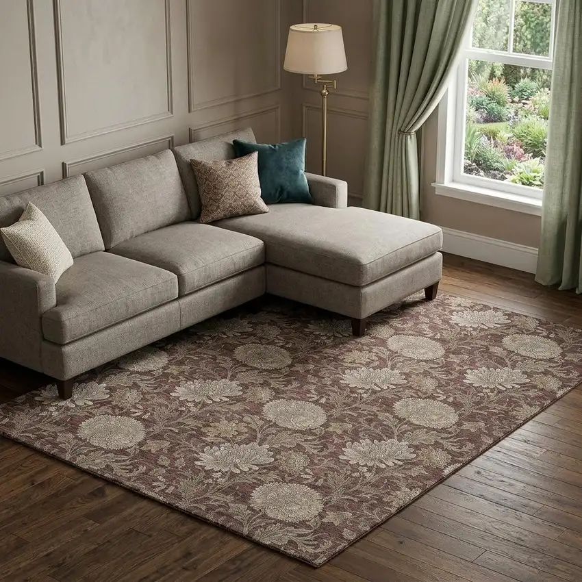 Merlot And Beige Floral Washable Area Rug With UV Protection Photo 1