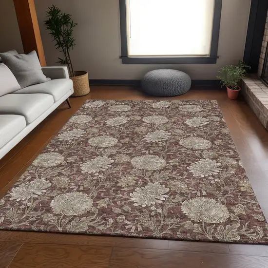 Merlot And Beige Floral Washable Area Rug With UV Protection Photo 6
