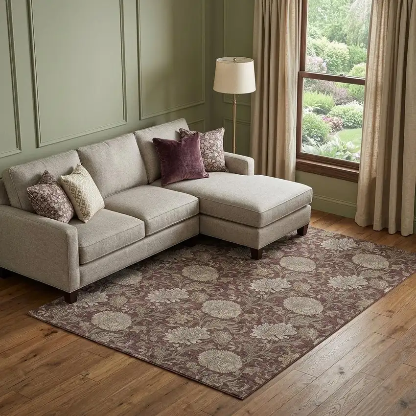 Merlot And Beige Floral Washable Area Rug With UV Protection Photo 1
