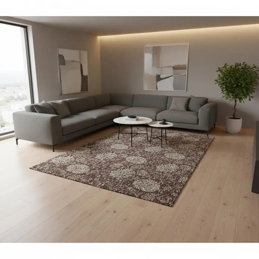 Merlot And Beige Floral Washable Area Rug With UV Protection Photo 1