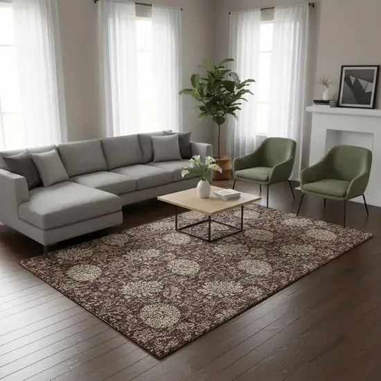 Merlot And Beige Floral Washable Area Rug With UV Protection Photo 3