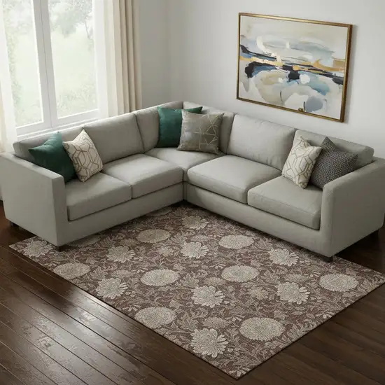 Merlot And Beige Floral Washable Area Rug With UV Protection Photo 1